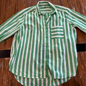 LOFT Men's Green and White Striped Casual Shirt